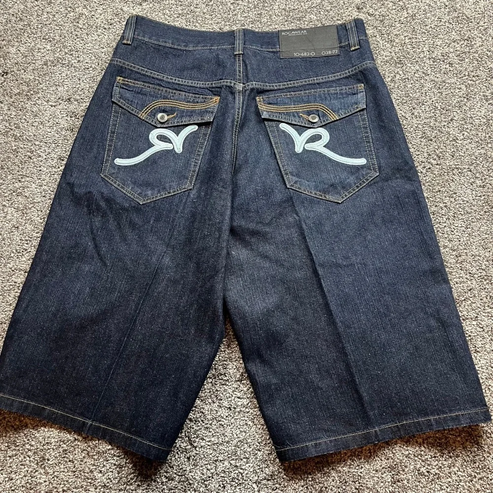 Rocawear Denim Shorts Mens 36 Dark Wash Embroidered Logo Baggy Fit Streetwear
